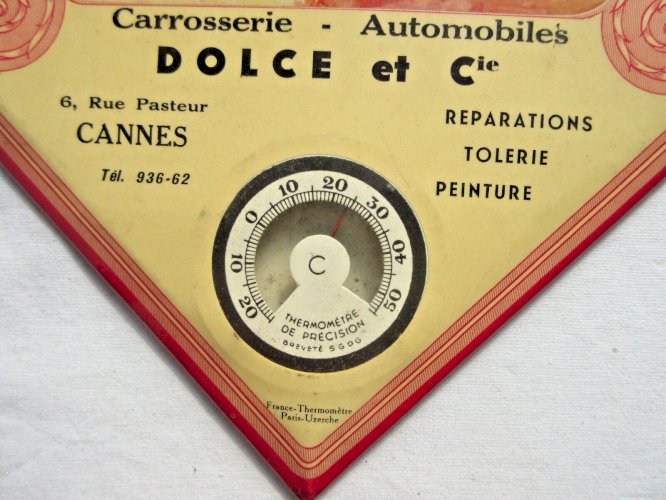 Ancien glaçoïde publicitaire Art Déco avec thermomètre, Carrosserie Dolce CANNES