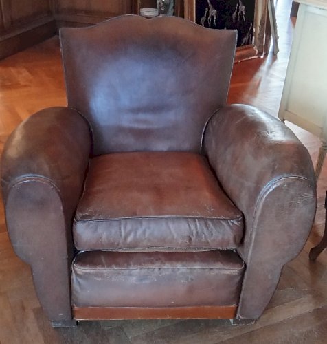 Ancien Grand Fauteuil Club Cuir Modèle Moustache Fauteuil Vintage