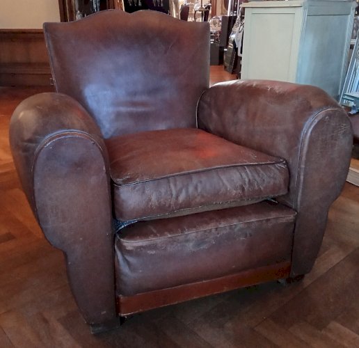 Ancien Grand Fauteuil Club Cuir Modèle Moustache Fauteuil Vintage