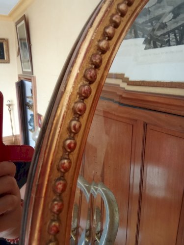 Ancien Grand Miroir Doré Médaillon Pare Close Biseauté Napoléon III 19 Ème