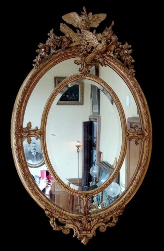Ancien Grand Miroir Doré Médaillon Pare Close Biseauté Napoléon III 19 Ème