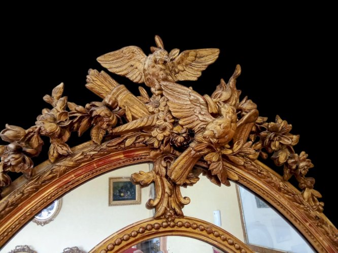 Ancien Grand Miroir Doré Médaillon Pare Close Biseauté Napoléon III 19 Ème