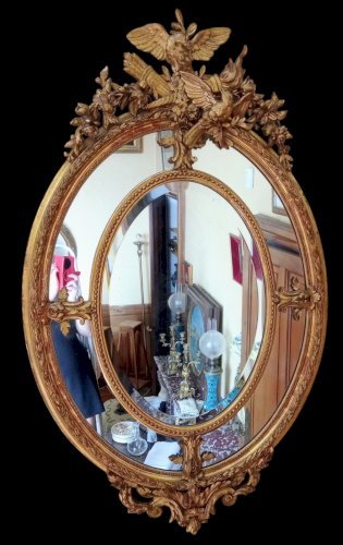 Ancien Grand Miroir Doré Médaillon Pare Close Biseauté Napoléon III 19 Ème