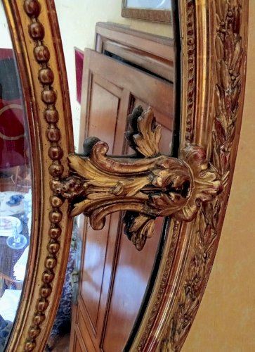 Ancien Grand Miroir Doré Médaillon Pare Close Biseauté Napoléon III 19 Ème