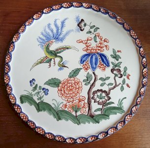 Old large ceramic plate Yvon Roy Paradise bird decor peony flowers