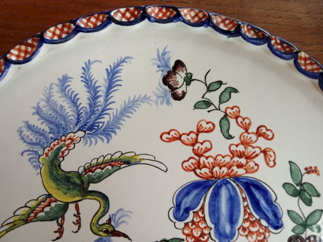Ancien grand plat céramique Yvon Roy Décor oiseau du Paradis fleurs pivoine