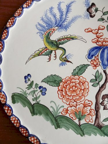 Ancien grand plat céramique Yvon Roy Décor oiseau du Paradis fleurs pivoine