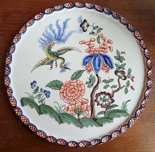 Ancien grand plat céramique Yvon Roy Décor oiseau du Paradis fleurs pivoine