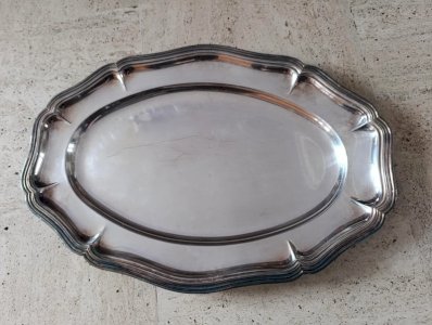 old large oval silver metal dish marked St Medard in good condition