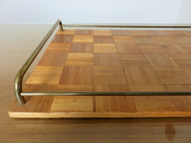 ANCIEN GRAND PLATEAU EN MARQUETERIE DE PAILLE ET LAITON ART DECO ANNEES 40 50