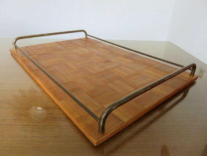 ANCIEN GRAND PLATEAU EN MARQUETERIE DE PAILLE ET LAITON ART DECO ANNEES 40 50