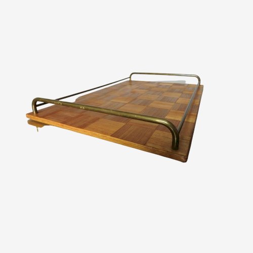 ANCIEN GRAND PLATEAU EN MARQUETERIE DE PAILLE ET LAITON ART DECO ANNEES 40 50