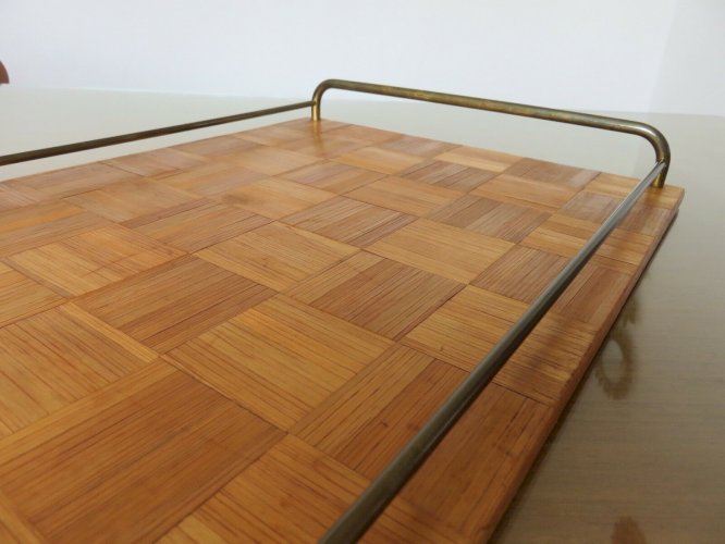 ANCIEN GRAND PLATEAU EN MARQUETERIE DE PAILLE ET LAITON ART DECO ANNEES 40 50