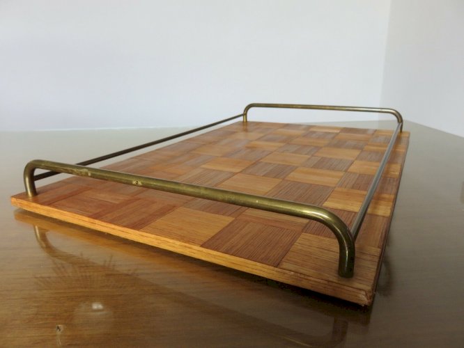 ANCIEN GRAND PLATEAU EN MARQUETERIE DE PAILLE ET LAITON ART DECO ANNEES 40 50