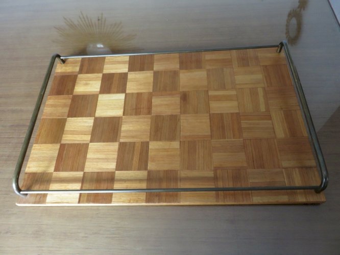 ANCIEN GRAND PLATEAU EN MARQUETERIE DE PAILLE ET LAITON ART DECO ANNEES 40 50