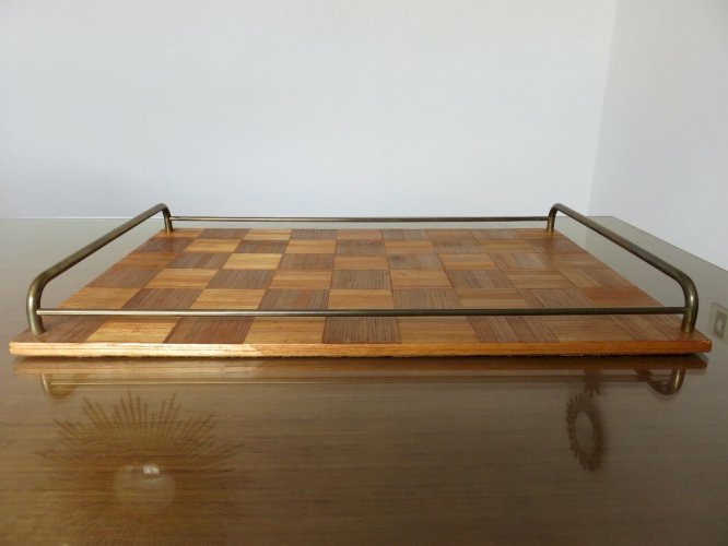 ANCIEN GRAND PLATEAU EN MARQUETERIE DE PAILLE ET LAITON ART DECO ANNEES 40 50