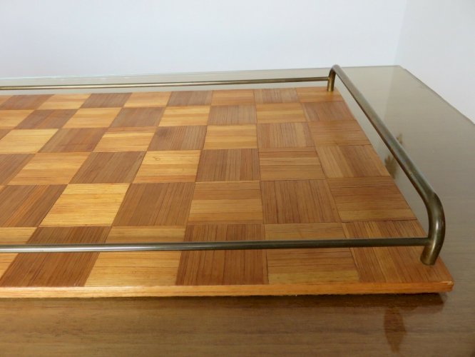 ANCIEN GRAND PLATEAU EN MARQUETERIE DE PAILLE ET LAITON ART DECO ANNEES 40 50