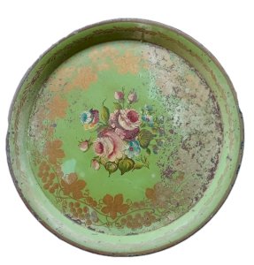 Antique Round Tray Napoleon III Painted Tin Floral Decoration 19th Century