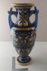 Ancient large baluster vase, Renaissance decoration with blue background, made of Gien ceramic.