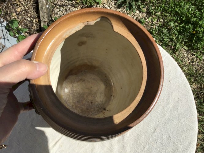 Ancien gros pot publicitaire en grès émaillé marqué LE HIBOU  - Vintage