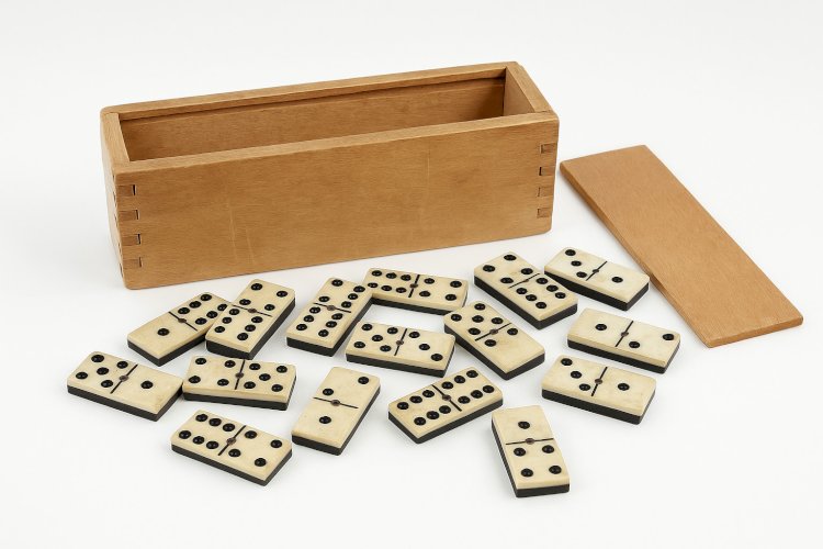 Ancien jeu de dominos en os et bois – 24 pièces – boîte en bois d’origine XIXe
