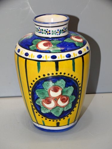 -ANCIEN JOLI VASE CERAMIQUE ALFRED RENOLEAU ANGOULEME JAUNE FLEURS ROSES   D