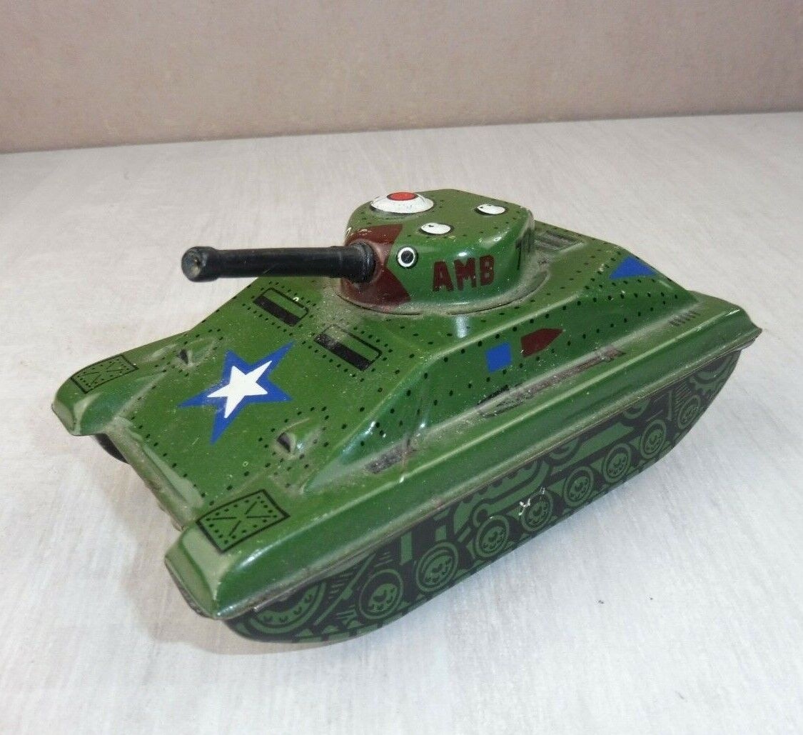 Old sheet metal toy, chariot / tank AMB 702 Marchesini Bologna Black/Green Black/Green