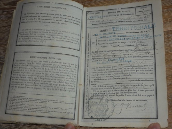 -ANCIEN LIVRET MILITAIRE SOLDAT POILU CLASSE 1888 1er Régiment ARTILLERIE WW1  D