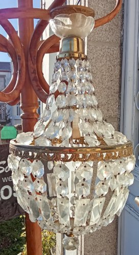 Ancien Lustre Luminaire Suspension Montgolfière Pampilles Cristal 19 Ème Siècle