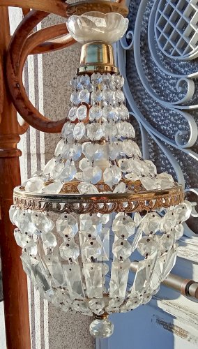 Ancien Lustre Luminaire Suspension Montgolfière Pampilles Cristal 19 Ème Siècle