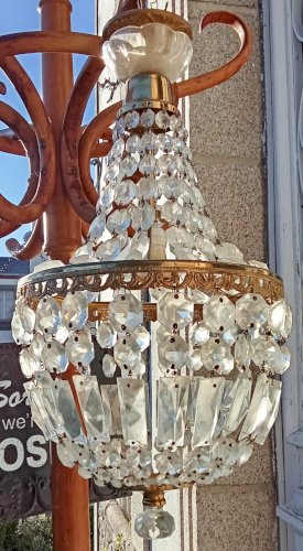 Ancien Lustre Luminaire Suspension Montgolfière Pampilles Cristal 19 Ème Siècle
