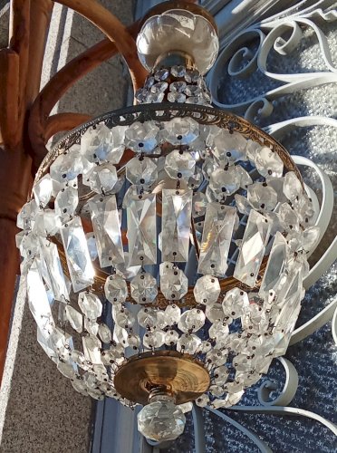 Ancien Lustre Luminaire Suspension Montgolfière Pampilles Cristal 19 Ème Siècle