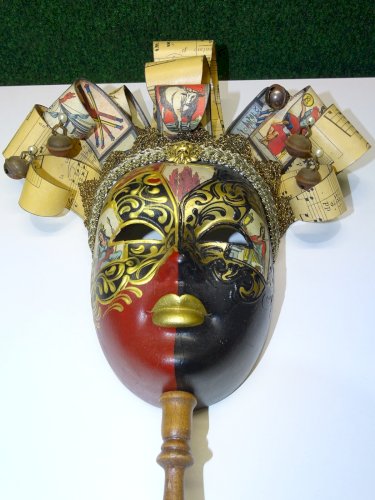 -ANCIEN MASQUE VENITIEN CERAMIQUE PEINTE GRELOTS FRISOTIS PAPIER DECO XXe  D