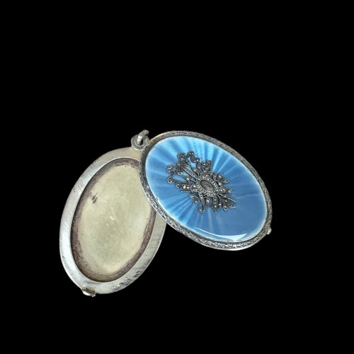 Ancien Massif pendentif Locket souvenir argent vermeil  XIXe siècle émail Rare
