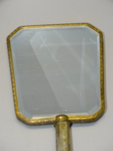 -ANCIEN MIROIR A MAIN FACE A MAIN VINTAGE LAITON MIROIR BISEAUTE déco XXe   D