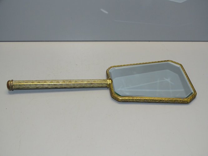 -ANCIEN MIROIR A MAIN FACE A MAIN VINTAGE LAITON MIROIR BISEAUTE déco XXe   D
