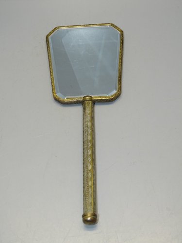 -ANCIEN MIROIR A MAIN FACE A MAIN VINTAGE LAITON MIROIR BISEAUTE déco XXe   D