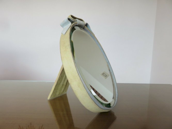 ANCIEN MIROIR BISEAUTE A POSER ENTOURAGE PEAU DE PECHE ANNEES 60 70 VINTAGE