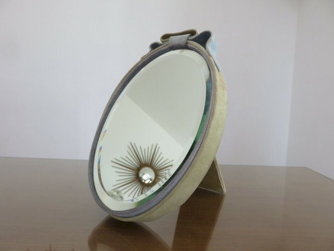 ANCIEN MIROIR BISEAUTE A POSER ENTOURAGE PEAU DE PECHE ANNEES 60 70 VINTAGE