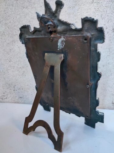 ancien miroir  de table art deco en bronze a decor de fleur et doiseau en etat correct