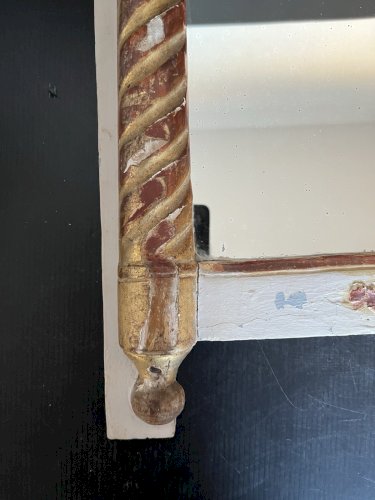 Ancien miroir glace de style Empire en bois peint blanc et dorures