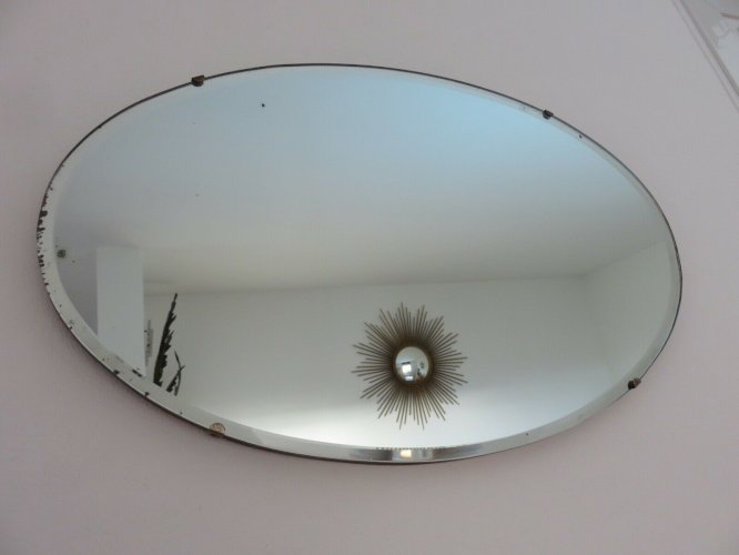 ANCIEN MIROIR MURAL OVALE BISEAUTE AVEC CHAINE SUR BOIS ART DECO ANNEES 30 40