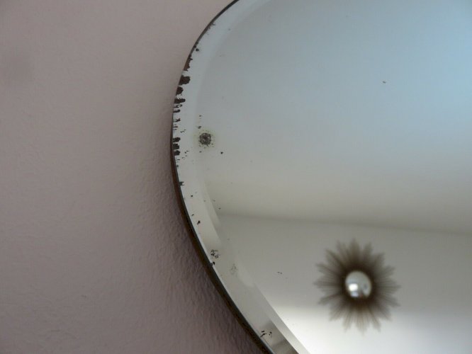 ANCIEN MIROIR MURAL OVALE BISEAUTE AVEC CHAINE SUR BOIS ART DECO ANNEES 30 40