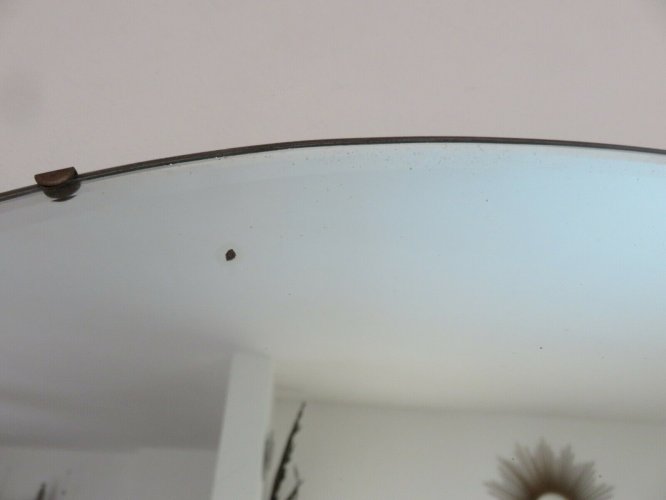 ANCIEN MIROIR MURAL OVALE BISEAUTE AVEC CHAINE SUR BOIS ART DECO ANNEES 30 40