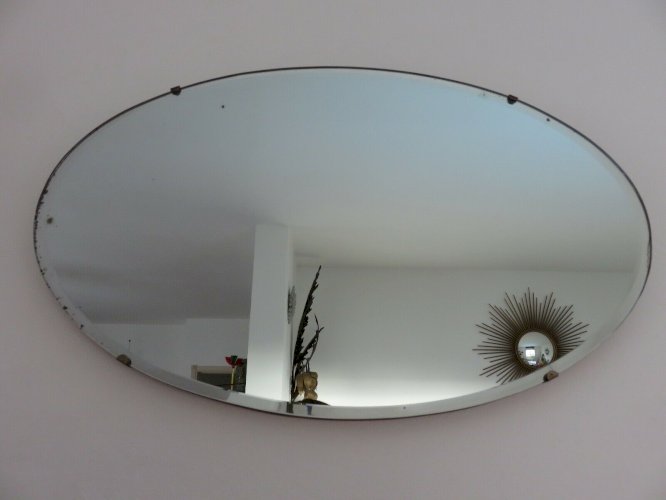 ANCIEN MIROIR MURAL OVALE BISEAUTE AVEC CHAINE SUR BOIS ART DECO ANNEES 30 40