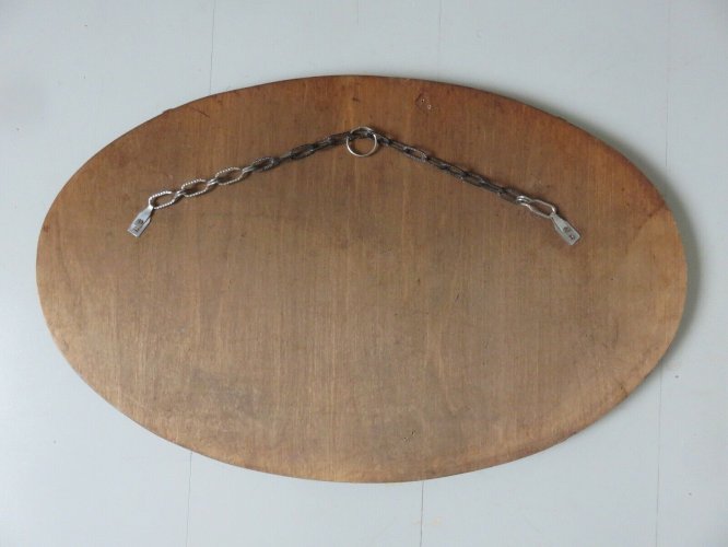 ANCIEN MIROIR MURAL OVALE BISEAUTE AVEC CHAINE SUR BOIS ART DECO ANNEES 30 40