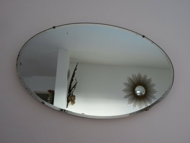 ANCIEN MIROIR MURAL OVALE BISEAUTE AVEC CHAINE SUR BOIS ART DECO ANNEES 30 40