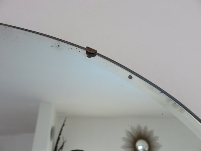 ANCIEN MIROIR MURAL OVALE BISEAUTE AVEC CHAINE SUR BOIS ART DECO ANNEES 30 40