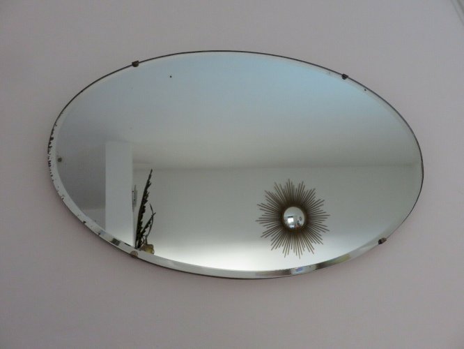 ANCIEN MIROIR MURAL OVALE BISEAUTE AVEC CHAINE SUR BOIS ART DECO ANNEES 30 40