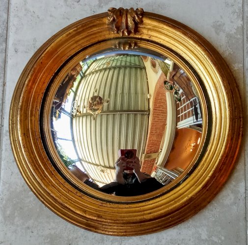 Ancien Miroir Rond Doré Bombé Oeil De Sorcière Old Golden Witch's Eye mirror